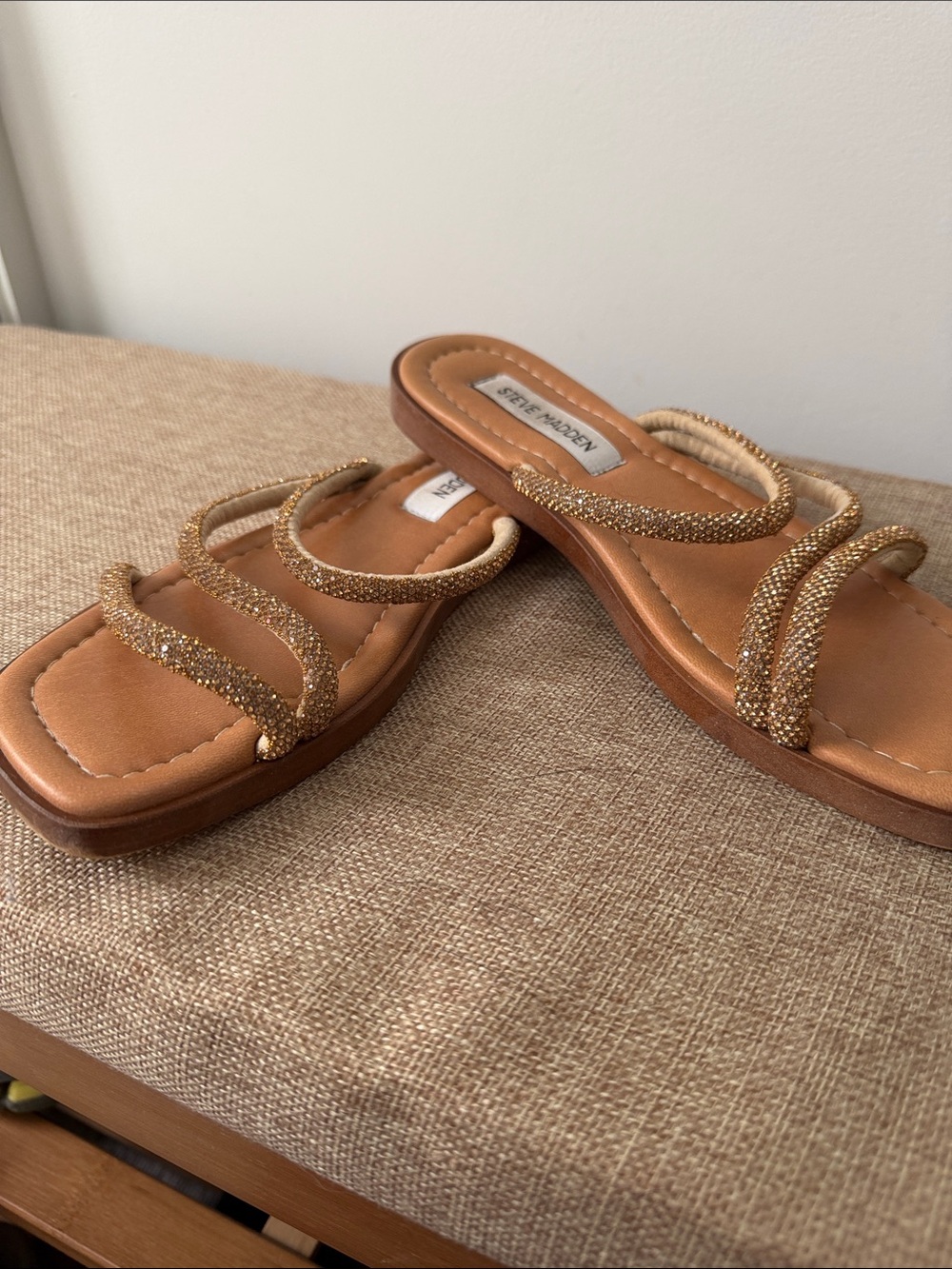 Steve Madden Remix Gold Beaded Strappy Slide Sandals - Picture 2 of 4